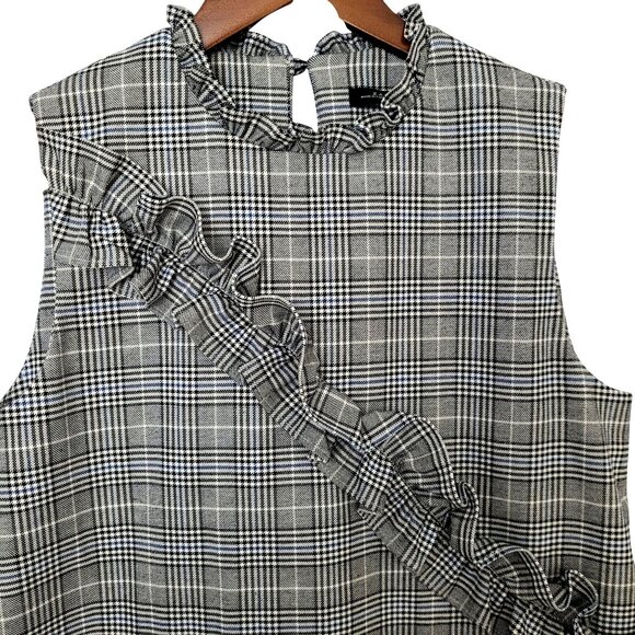 Zara Woman Sleeveless Plaid Top Size S Black/White/Blue Ruffle Detail Office - Picture 3 of 7